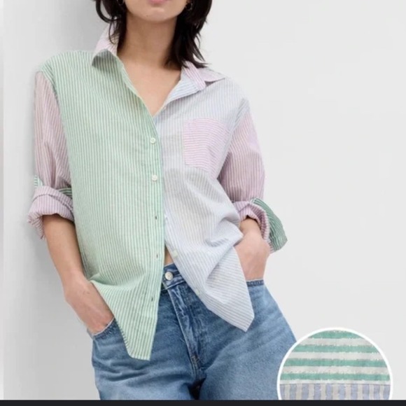 Gap Big Shirt Colorblock Stripes Metallic Button Up Long Slv Preppy Women MP - Picture 1 of 11